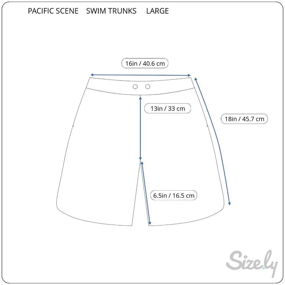 Pacific Scene Hawaiian Floral Swim Trunks Black Lined Elastic Waist Pockets L